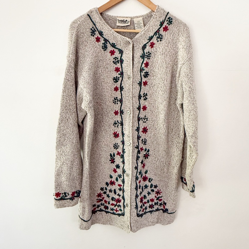 Vintage 90s Cardigan Womens L Gray Floral Embroidered Wool Cottagecore Granny